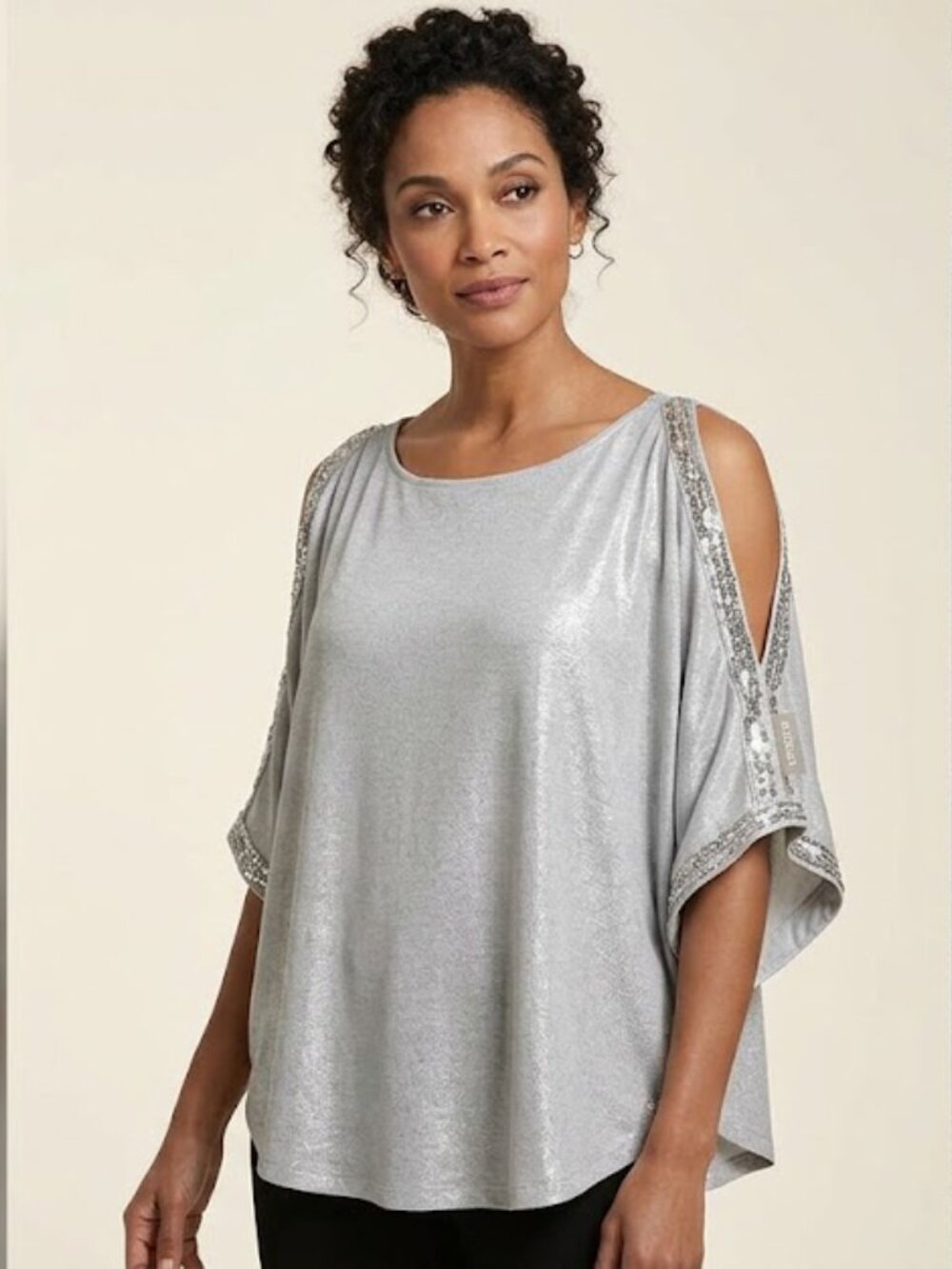 Chico's Silver Metallic Sequin Cold Shoulder Poncho Blouse - NWT - Size 2 (L)